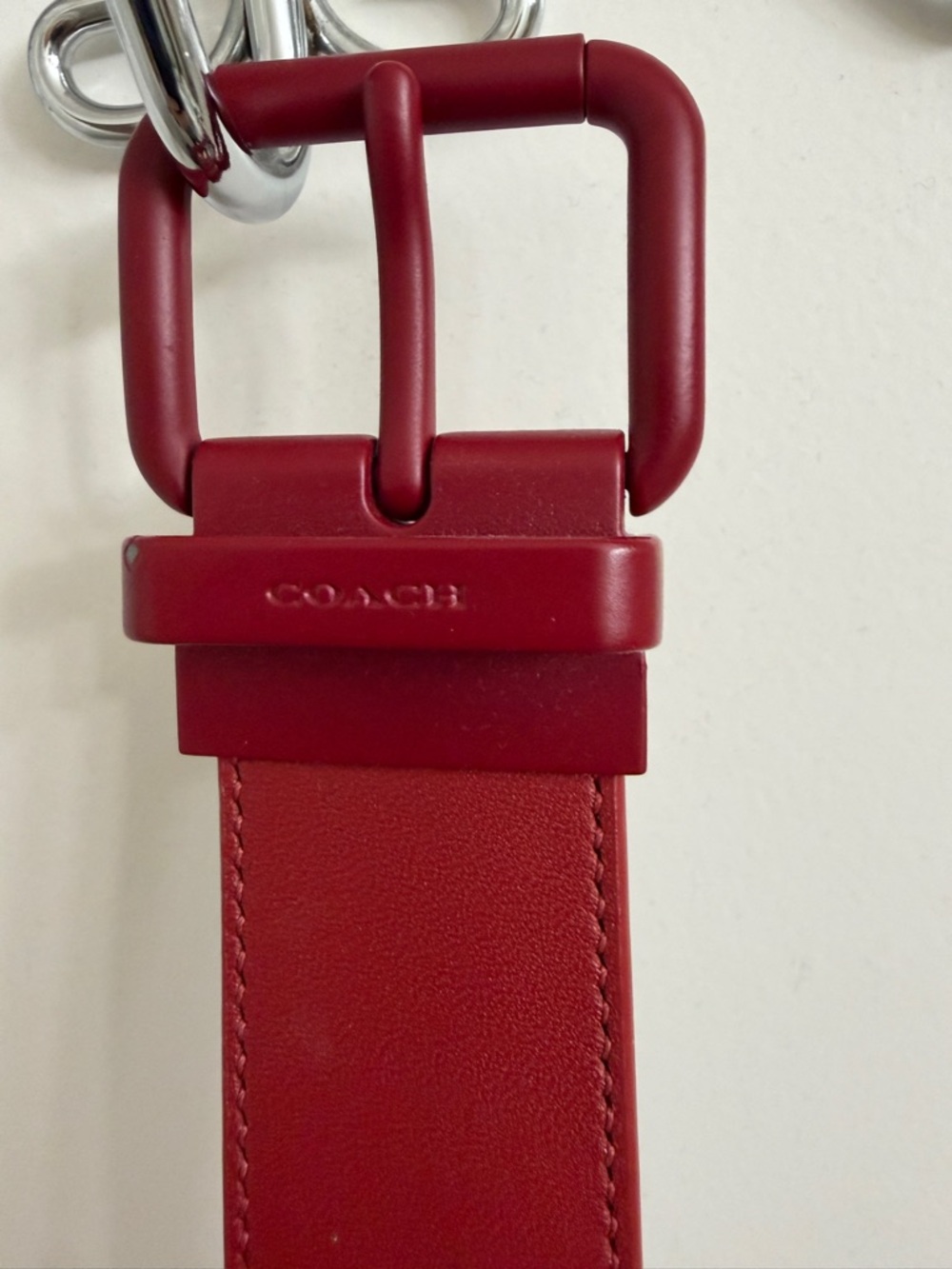 Coach Two-Tone Red and Black Leather Belt with Matte Red Buckle
